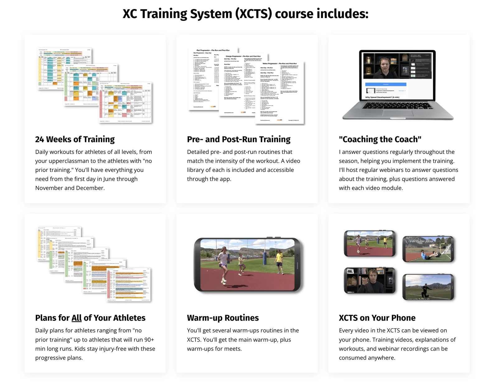 XC Training System resources: training plans, pre- and post-run routines, coaching videos, and phone access.